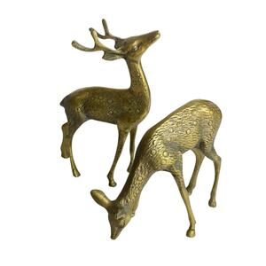 Vintage Brass Deer Figurines Set of 2 Buck & Doe Spotted Etched Fur 7” MCM Decor